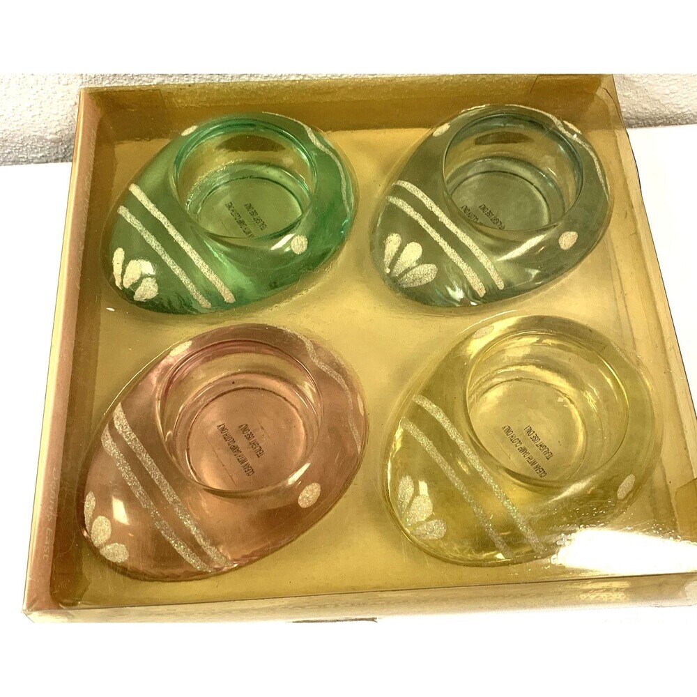 4-PC Dennis East Bohemian Glass Tealight Candle Holders Glitter New Old Stock